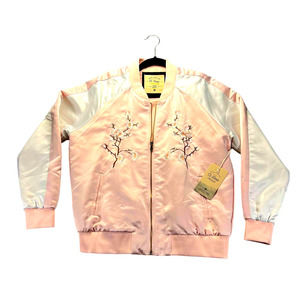 Ci Sono Womens Bomber Jacket Size Medium M Embroidered Pink Satin Coat